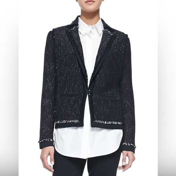 VINCE Fringed Navy Blue Twill Paneled Tweed Cotton Blend Blazer Jacket EUC Sz L - Picture 1 of 10